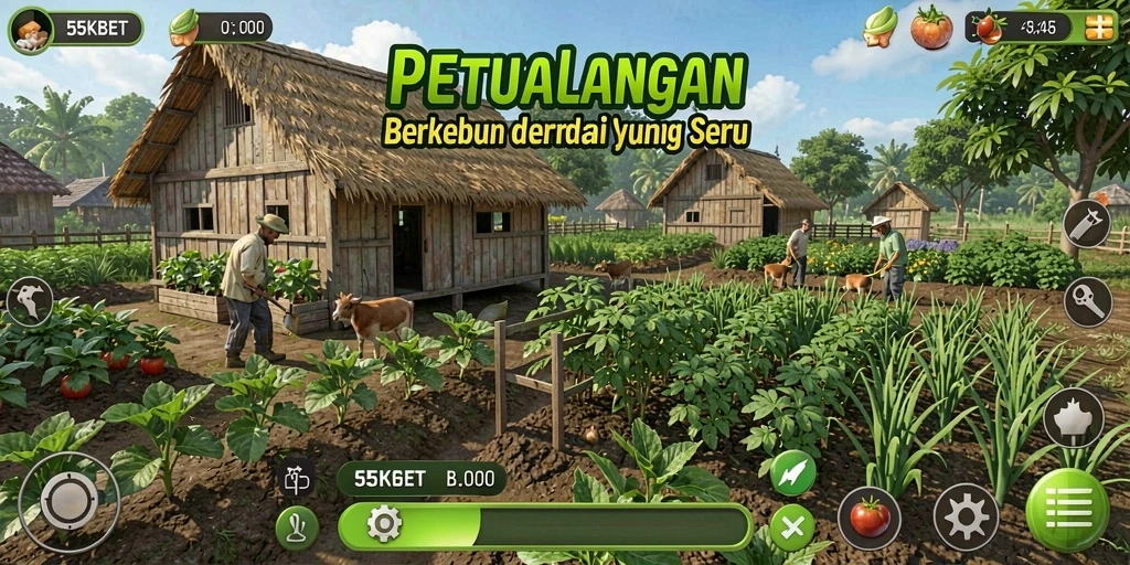 Screenshot gameplay <strong>55KBET</strong> menampilkan kebun yang subur dan tanaman beragam.