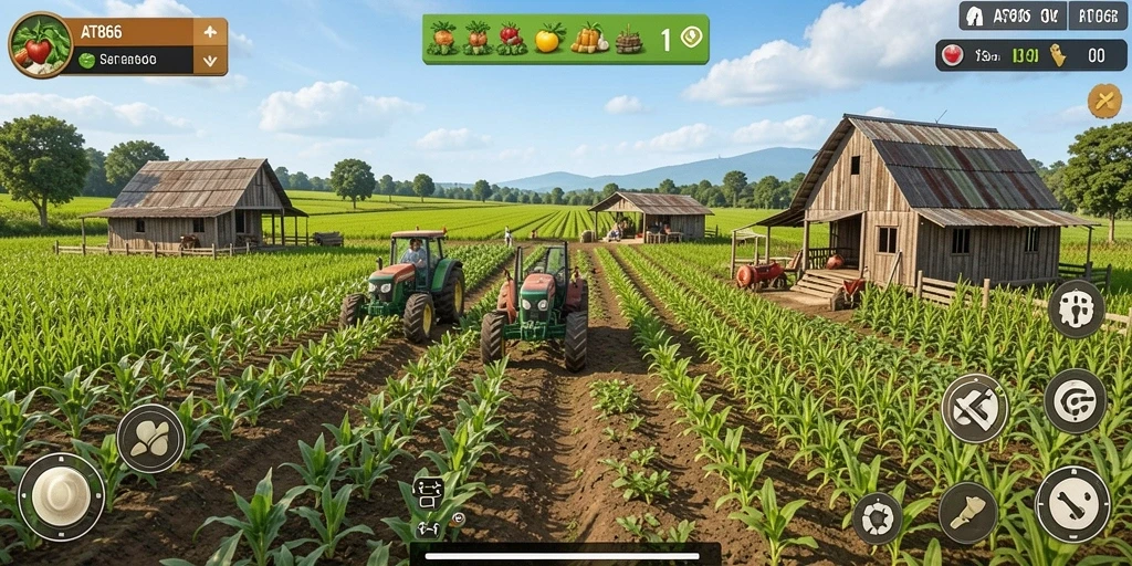 Tangkapan layar gameplay AT866 menampilkan aktivitas bertani yang seru.
