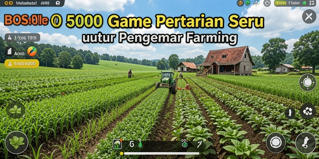 Screenshot utama BOS5000 menampilkan lahan pertanian yang subur dan berwarna-warni.