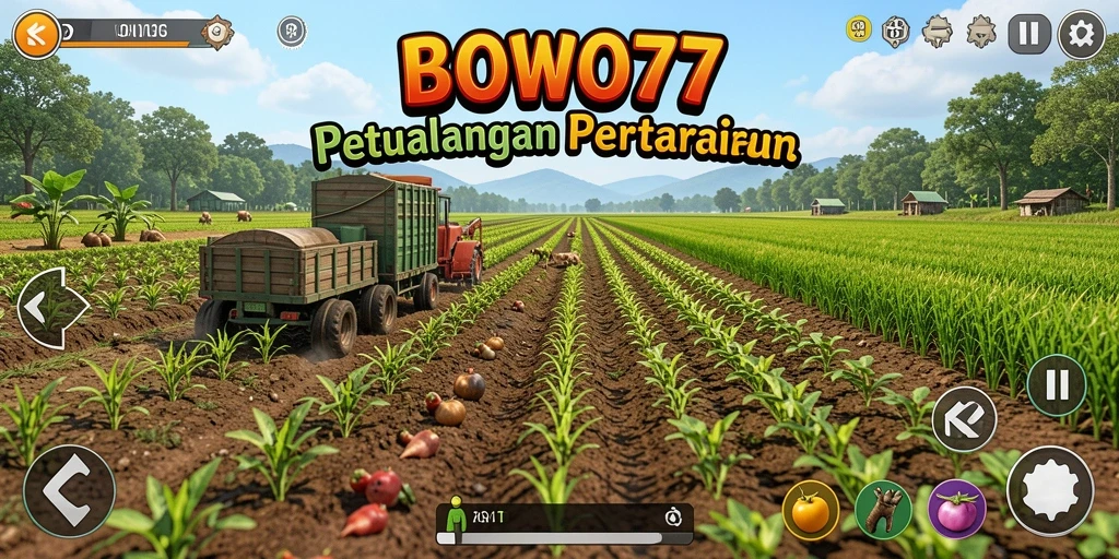Screenshot gameplay BOWO77 menampilkan ladang hijau yang subur dan hewan ternak yang bahagia.