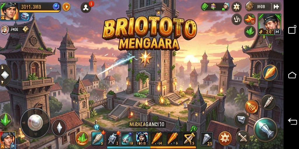Screenshot gameplay BRIOTOTO menunjukkan serangan menara yang intens dan strategi pertahanan.