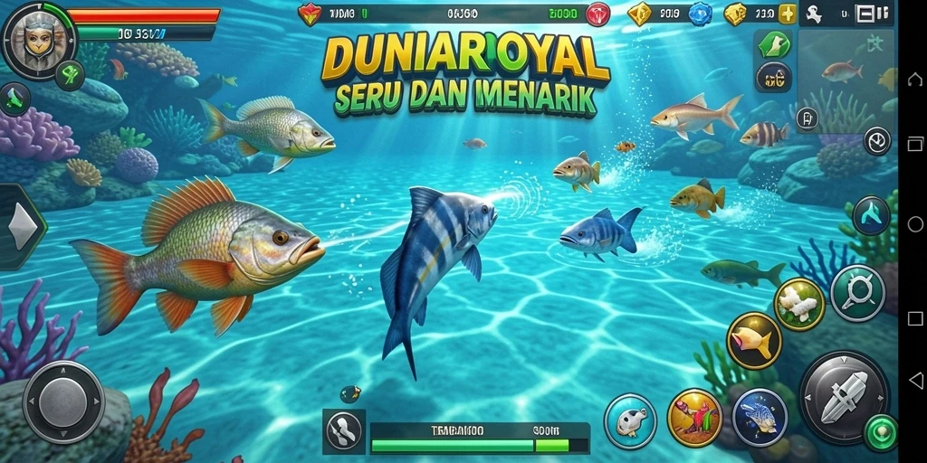 Screenshot gameplay DUNIAROYAL yang menunjukkan aksi menembak ikan.