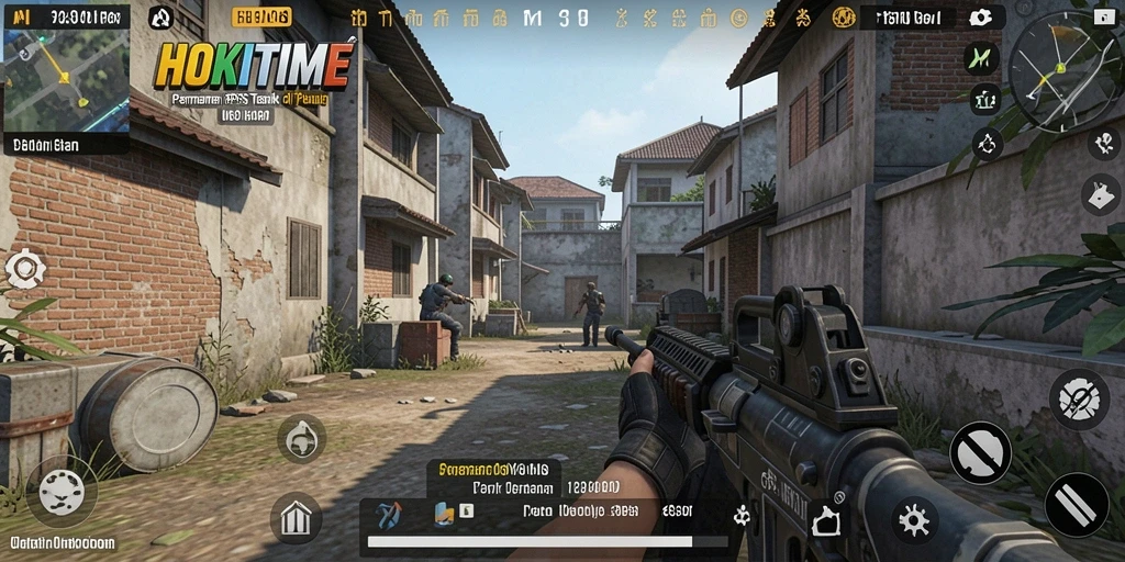 Screenshot menampilkan gameplay intens HOKITIME dengan aksi tembak-menembak yang seru.