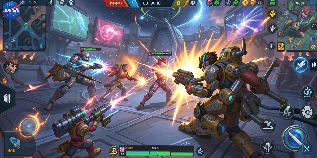 Screenshot gameplay NASA4D yang menunjukkan pertarungan tim yang seru.