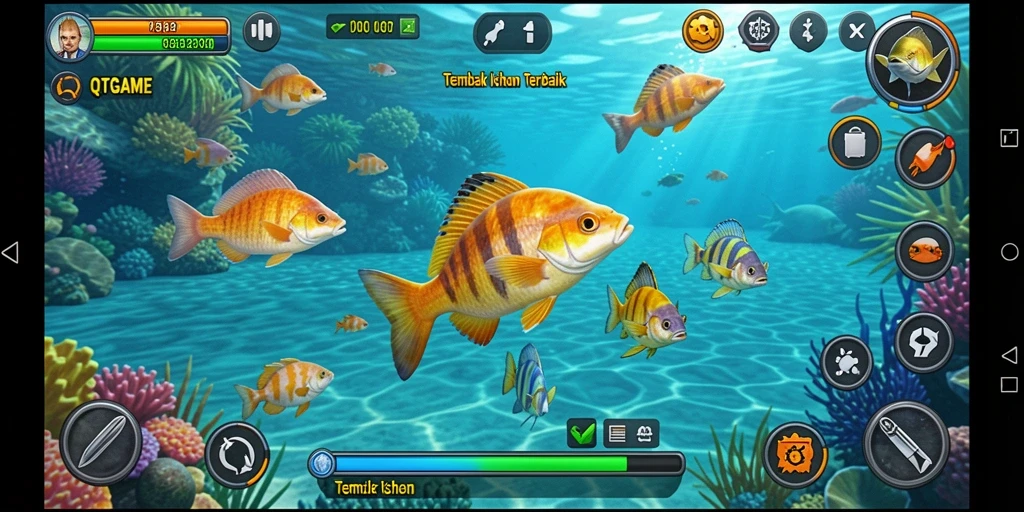 Screenshot QTGAME menampilkan aksi seru berburu ikan.