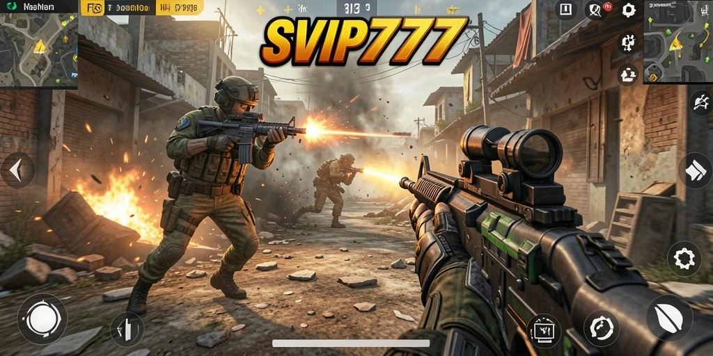 Tampilan gameplay menegangkan dari SVIP777 dengan berbagai aksi tembak-menembak.