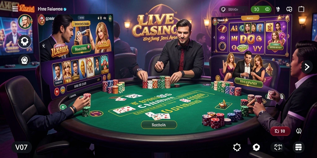 Screenshot menunjukkan dealer profesional dan suasana Live Casino yang mengesankan.